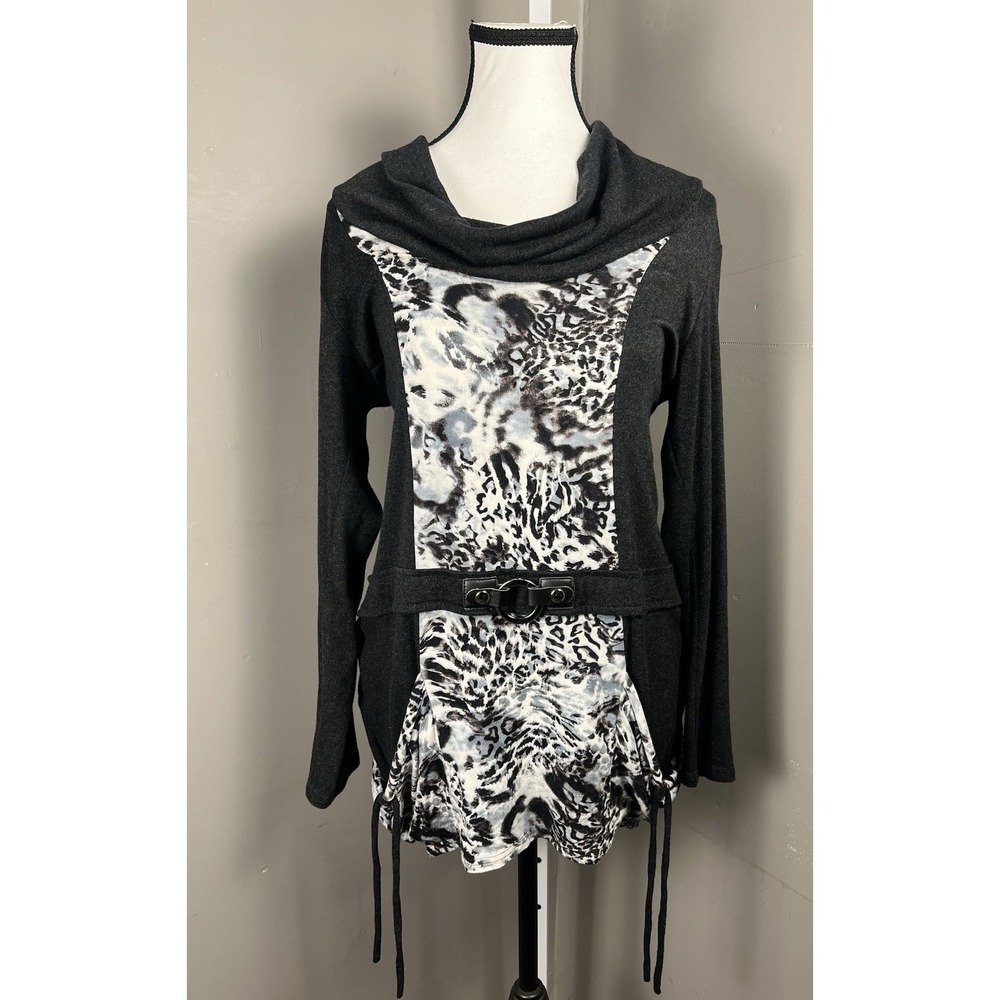 Joseph Ribkoff 12 Cowl Neck Tunic Dress Gray Animal Print Belted Ruched Pockets